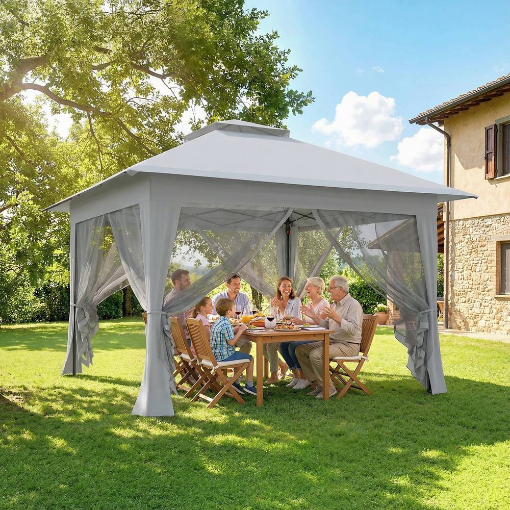 OUTSUNNY 3.6 x 3.6m Pop-up Tent Gazebo Instant Canopy Steel w/ Bag in Light Grey