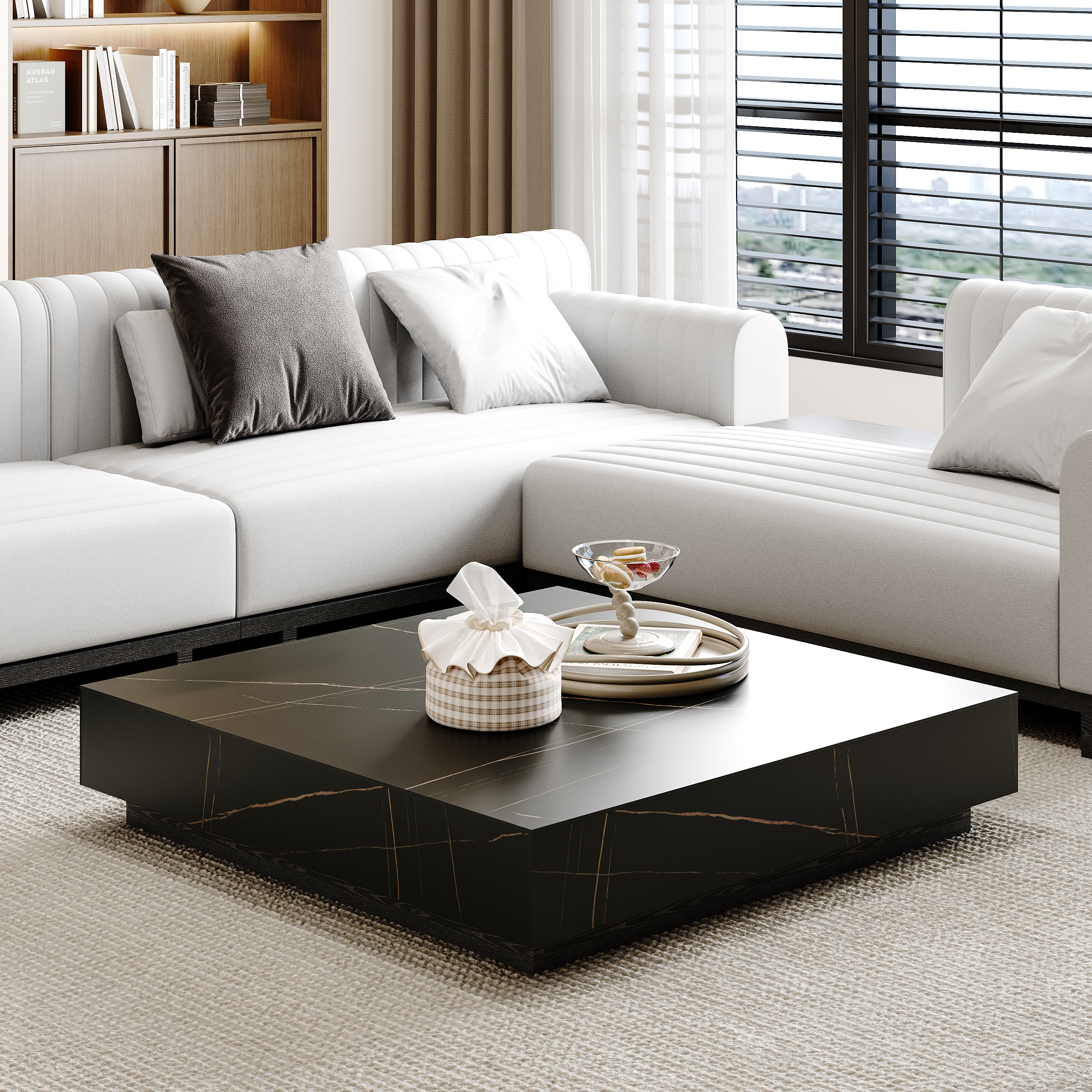 1000mm Square Sintered Stone Block Coffee Table With Wood Base