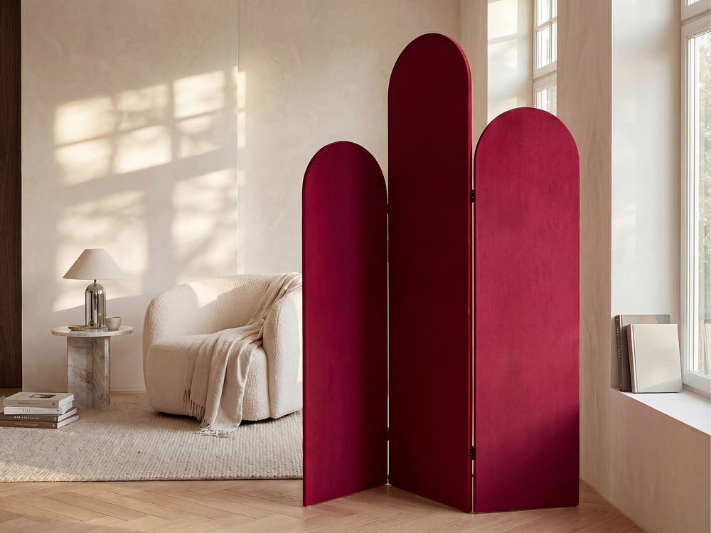 Vente-unique Asymmetric 3-Panel Velvet Room Divider - W. 47 X H. 180 Cm - Red in Burgundy
