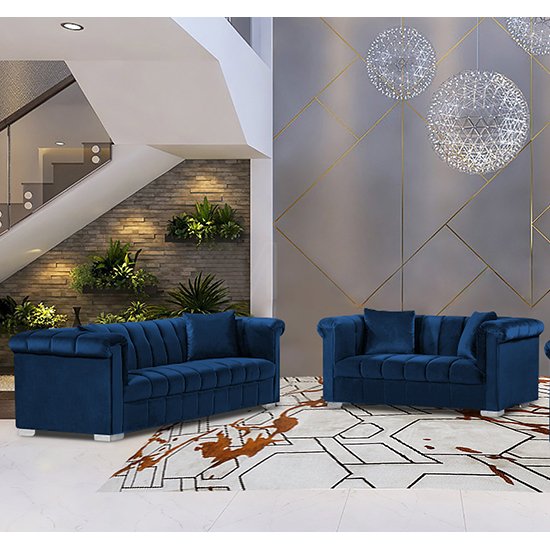 Kenosha Velour Fabric 2 Seater And 3 Seater Sofa In Navy