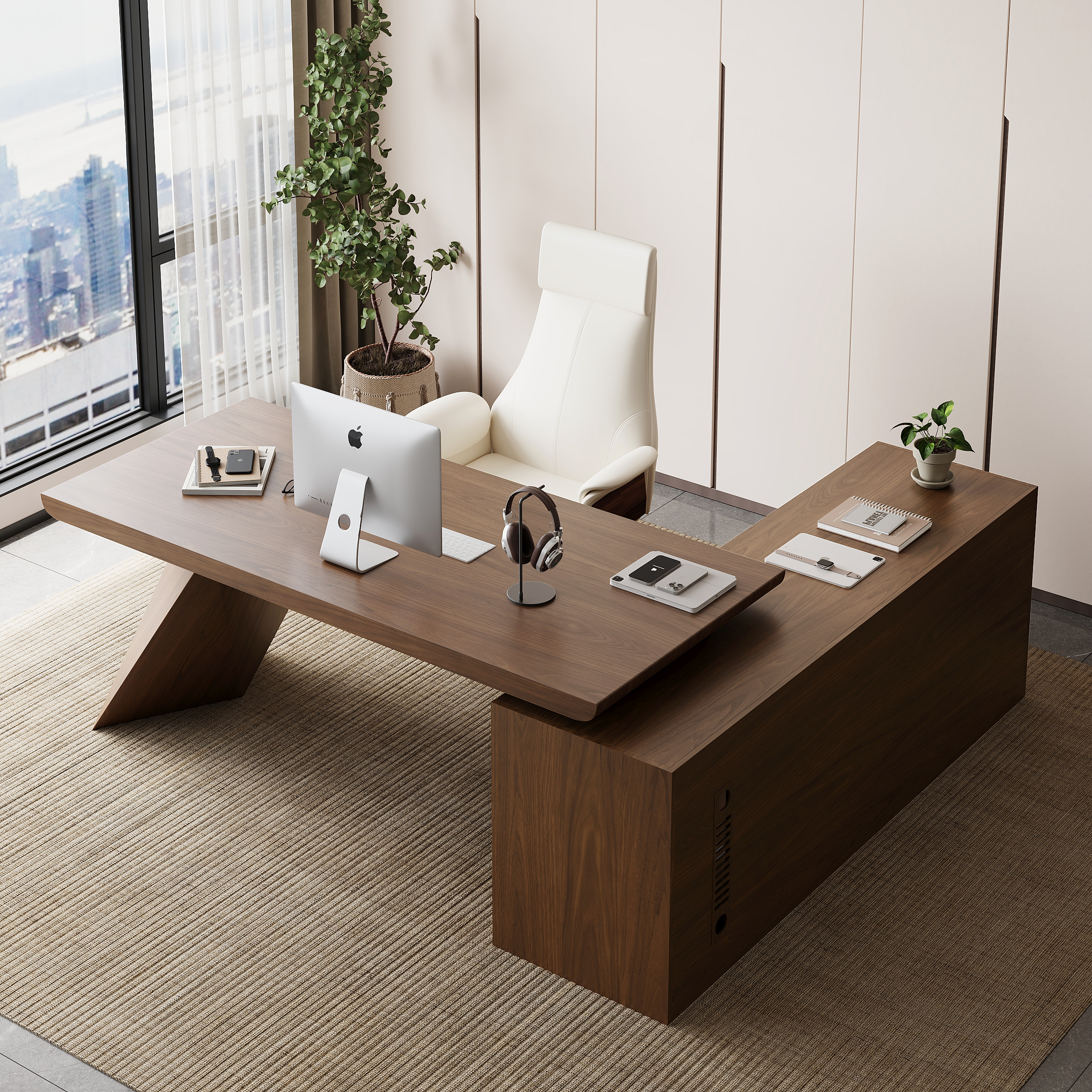 Modern Walnut Large L-Shape Executive Desk with Drawers & Cabinet Left Hand Office Furniture (180 cm)