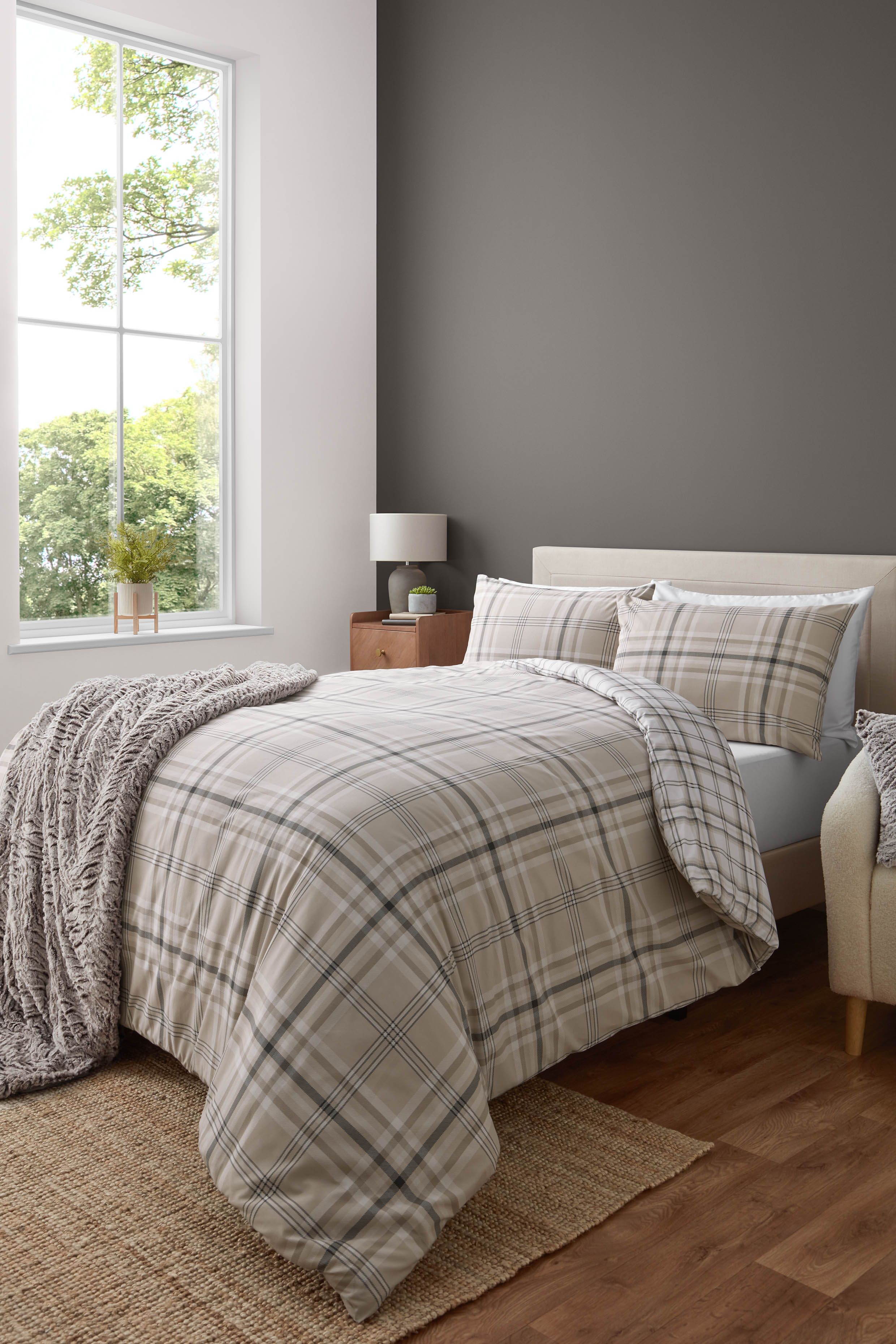 Catherine Lansfield 'Kelso Check' Reversible Duvet Cover Set in Natural