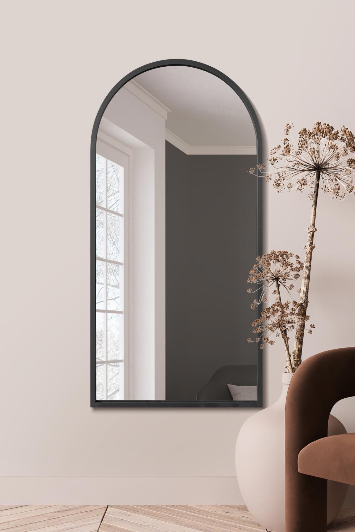 MirrorOutlet Black Framed Arched Leaner/Wall Mirror 55" X 27.5" (140CM X 70CM)