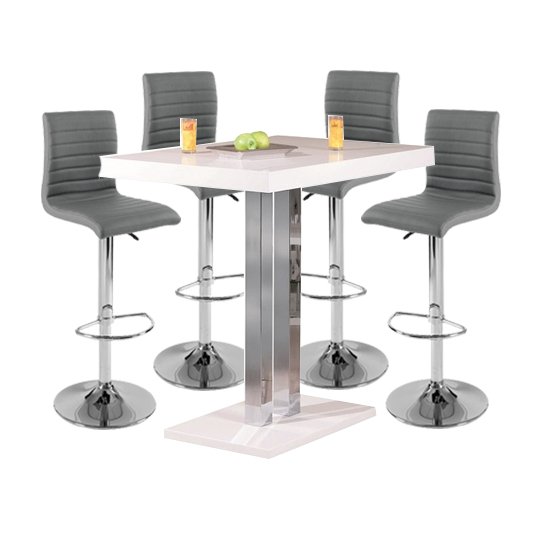 Palzo Bar Table In White High Gloss With 4 Ripple Grey Stools