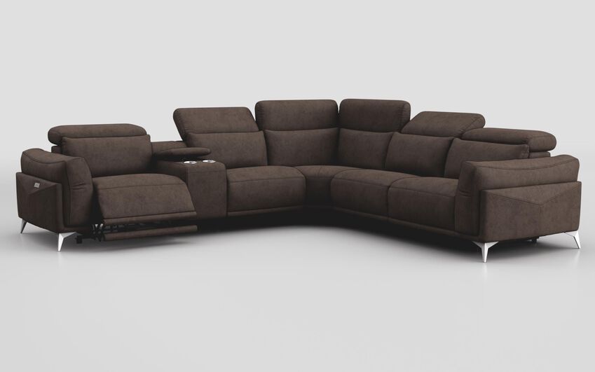 Brown Fabric Gattolino 2 Corner 1 Power Recliner Sofa with Manual Head Tilt & Console