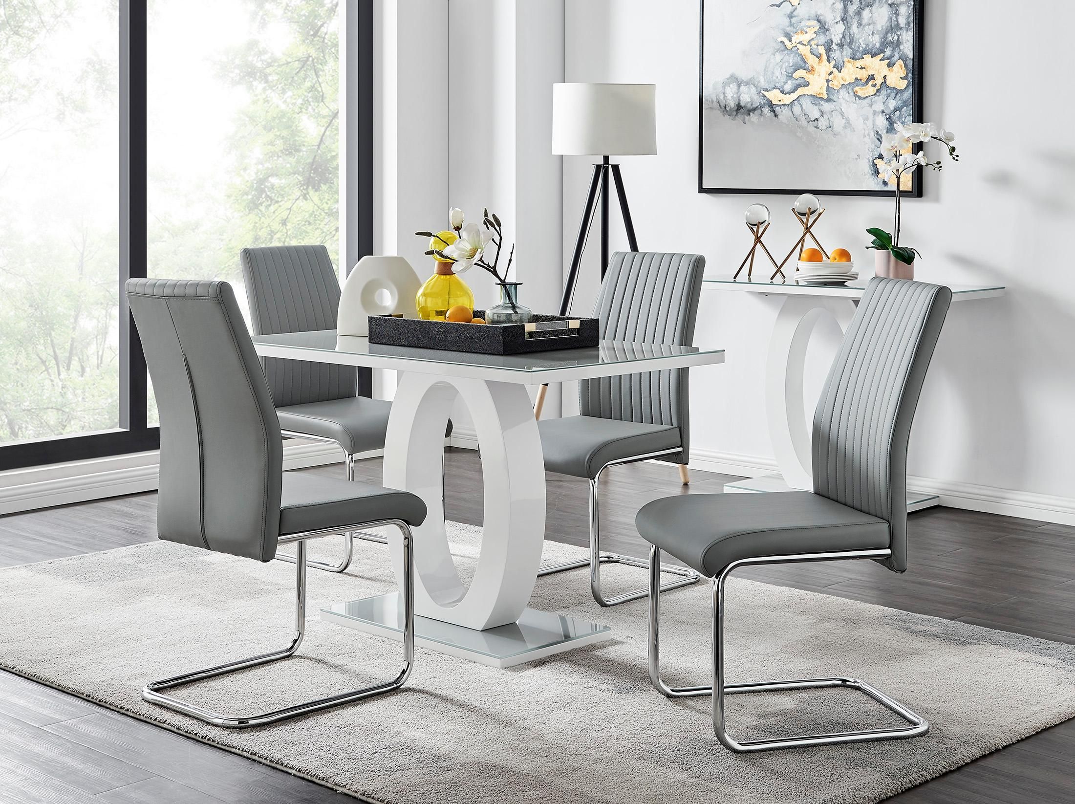 FurnitureboxUK Giovani Grey White Modern High Gloss & Glass Dining Table & 4 Lorenzo Chairs Set