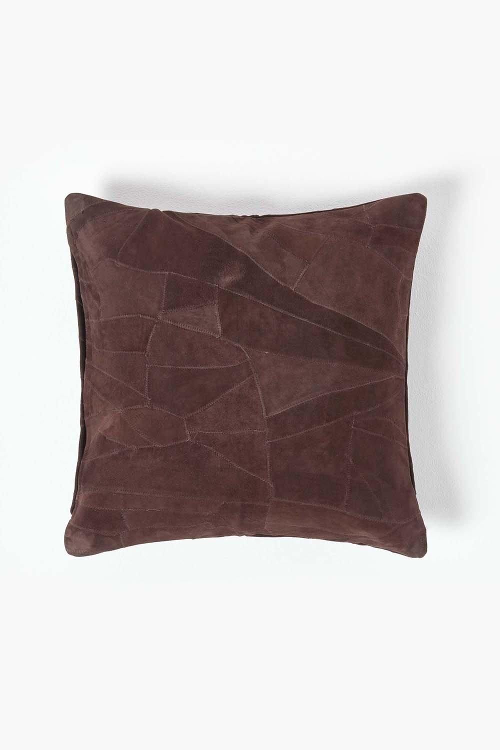 Homescapes Real Leather Suede Cushion with Feather Filling in Chocolate