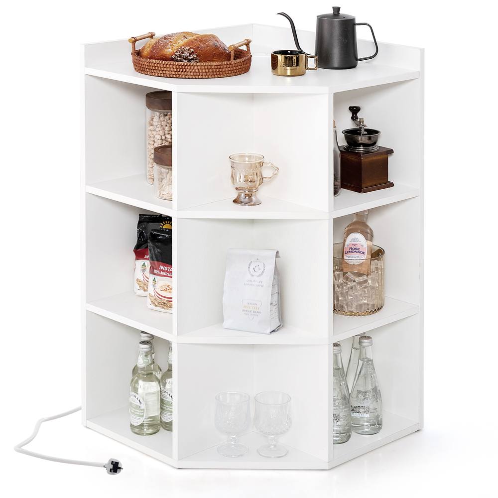 Costway 4-Tier Wooden Corner Bookcase 9 Cubbies Bookshelf w/ Charging Station in White