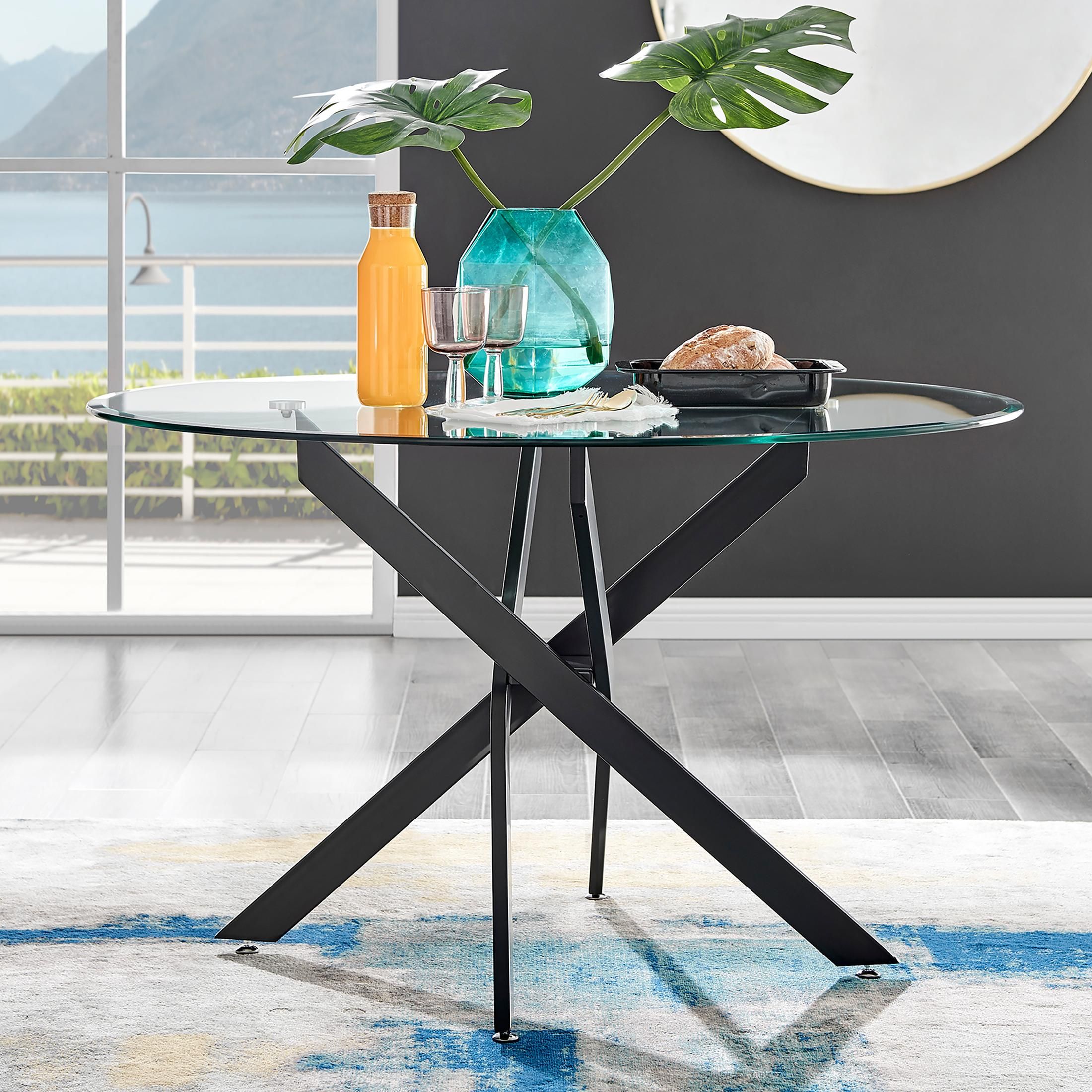 FurnitureboxUK Novara 120cm Round 6-Seater Glass & Metal Starburst Dining Table in Black