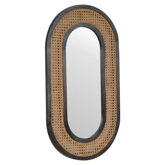Debby Wall Bedroom Mirror In Ash Black And Rattan Design Frame