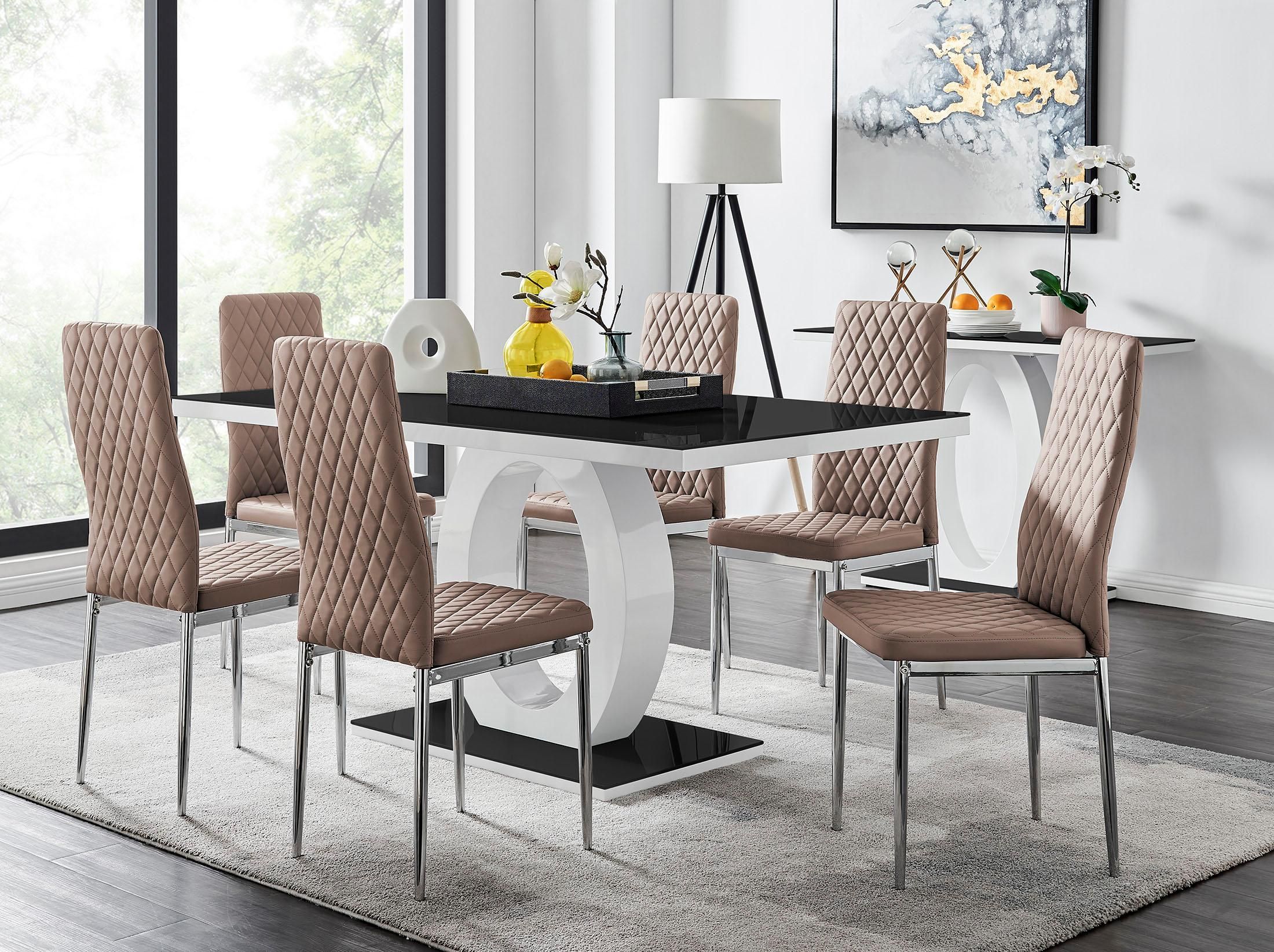 FurnitureboxUK Giovani Rectangular 6 Seat White High Gloss Unique Halo Dining Table Black Glass Top 6 Faux Leather Silver Leg Milan Chairs in Beige