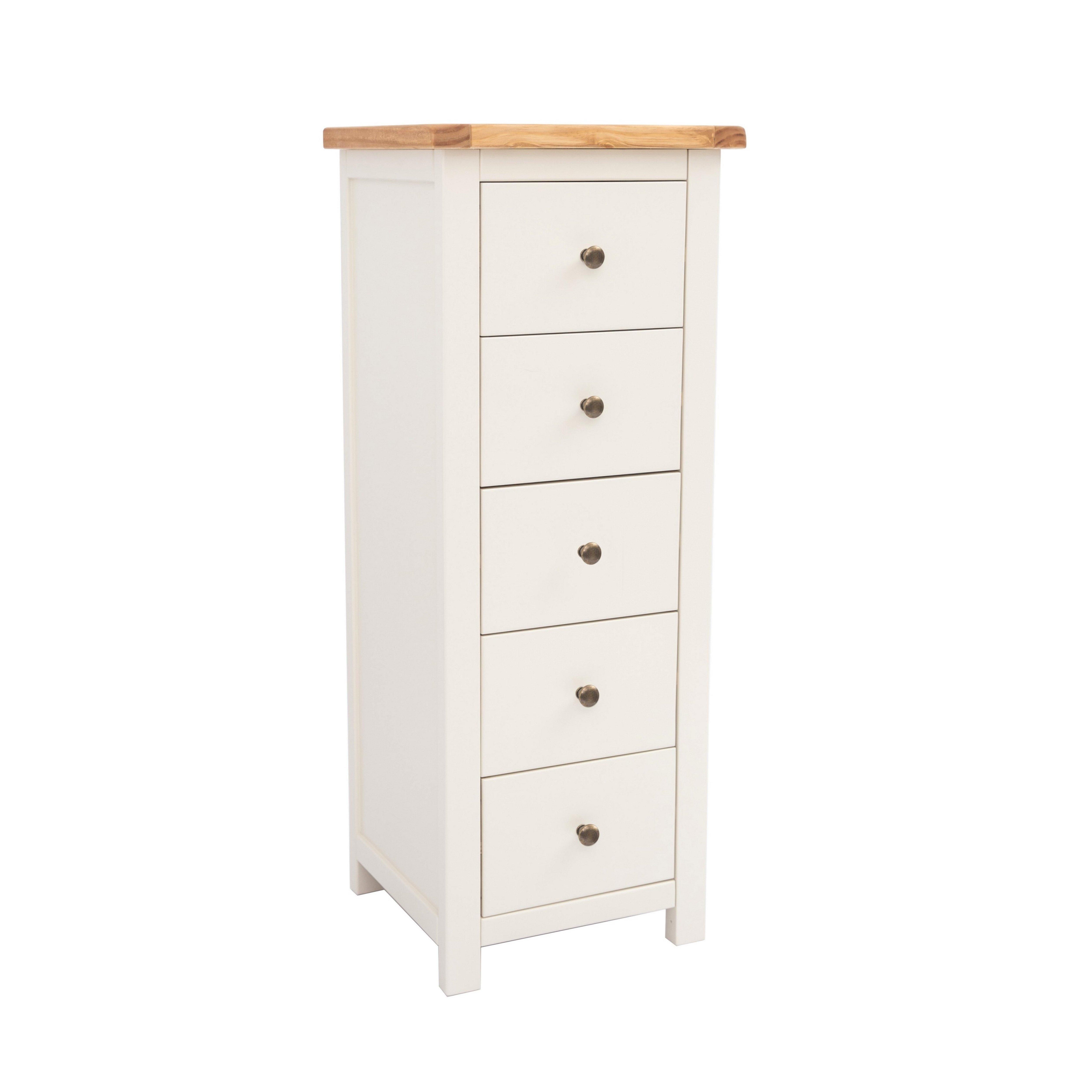 Cabinet Bits Maggiori 5 Drawer Narrow Chest of Drawers Brass Knob in Off-White