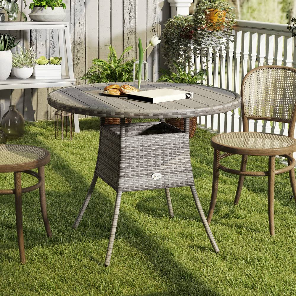 OUTSUNNY Outdoor PE Rattan Dining Table w/ Wood-plastic Composite Top, Grey