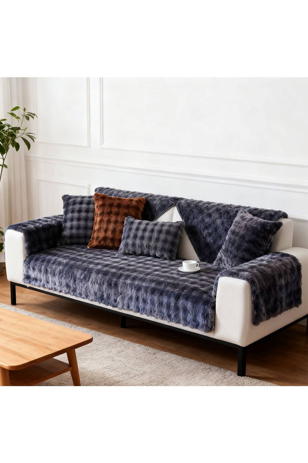 Living and Home Sleek Textured Plush Sofa Cover in Dark Grey