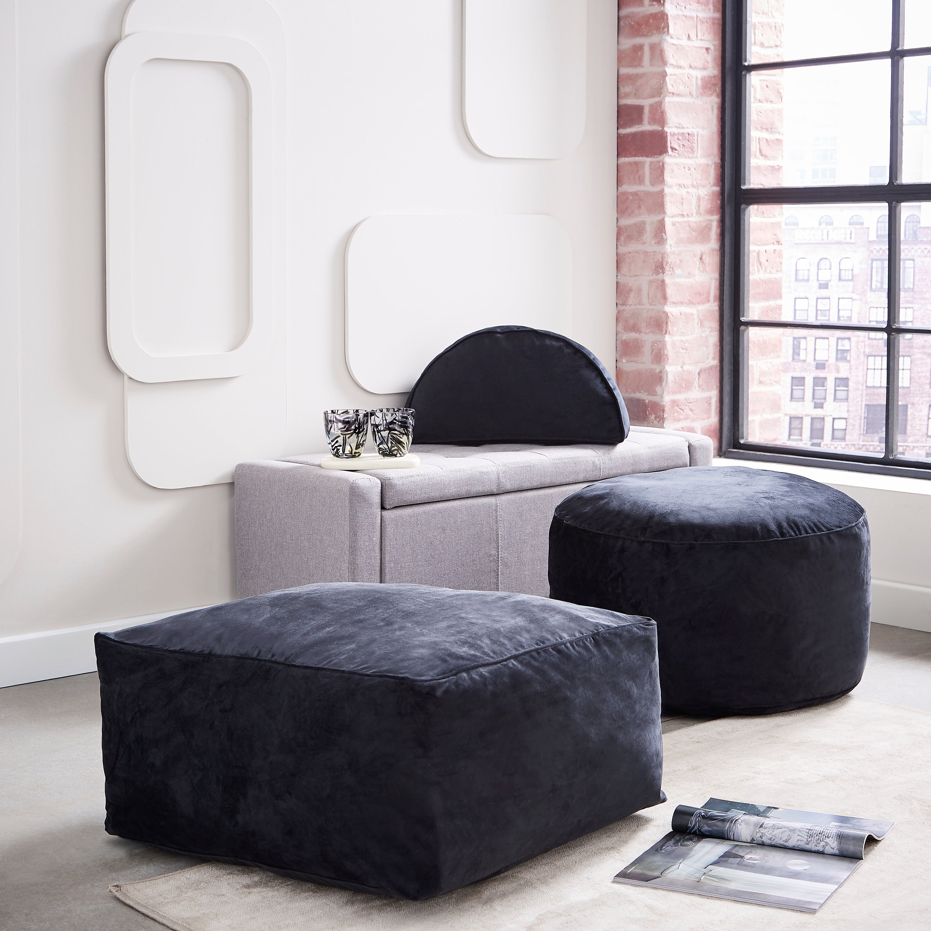 Kaleida Recycled Velour Square Pouffe Black