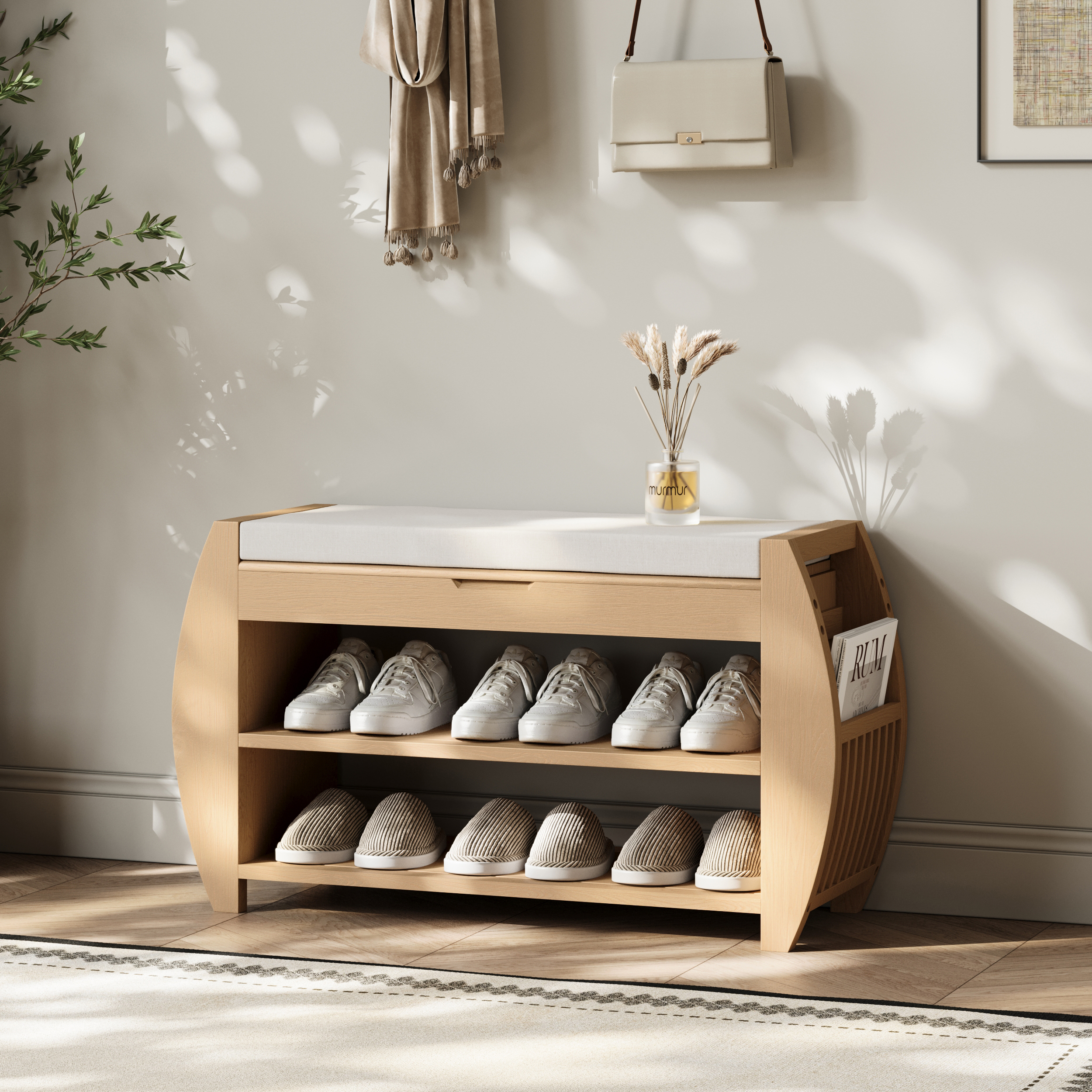 80 cm Solid Wood Natural Shoe Storage Entryway Bench with Shoe Rack