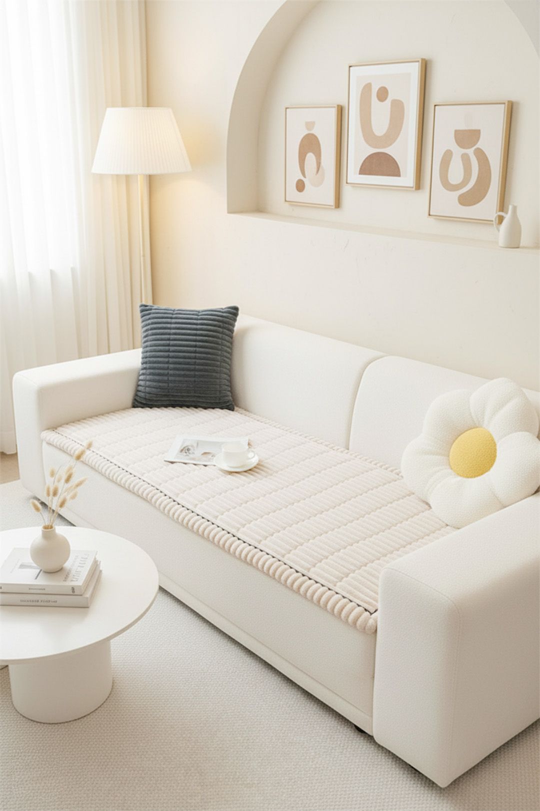 Living and Home Soft Decorative Non-slip Sofa Protector with Textured Design in White