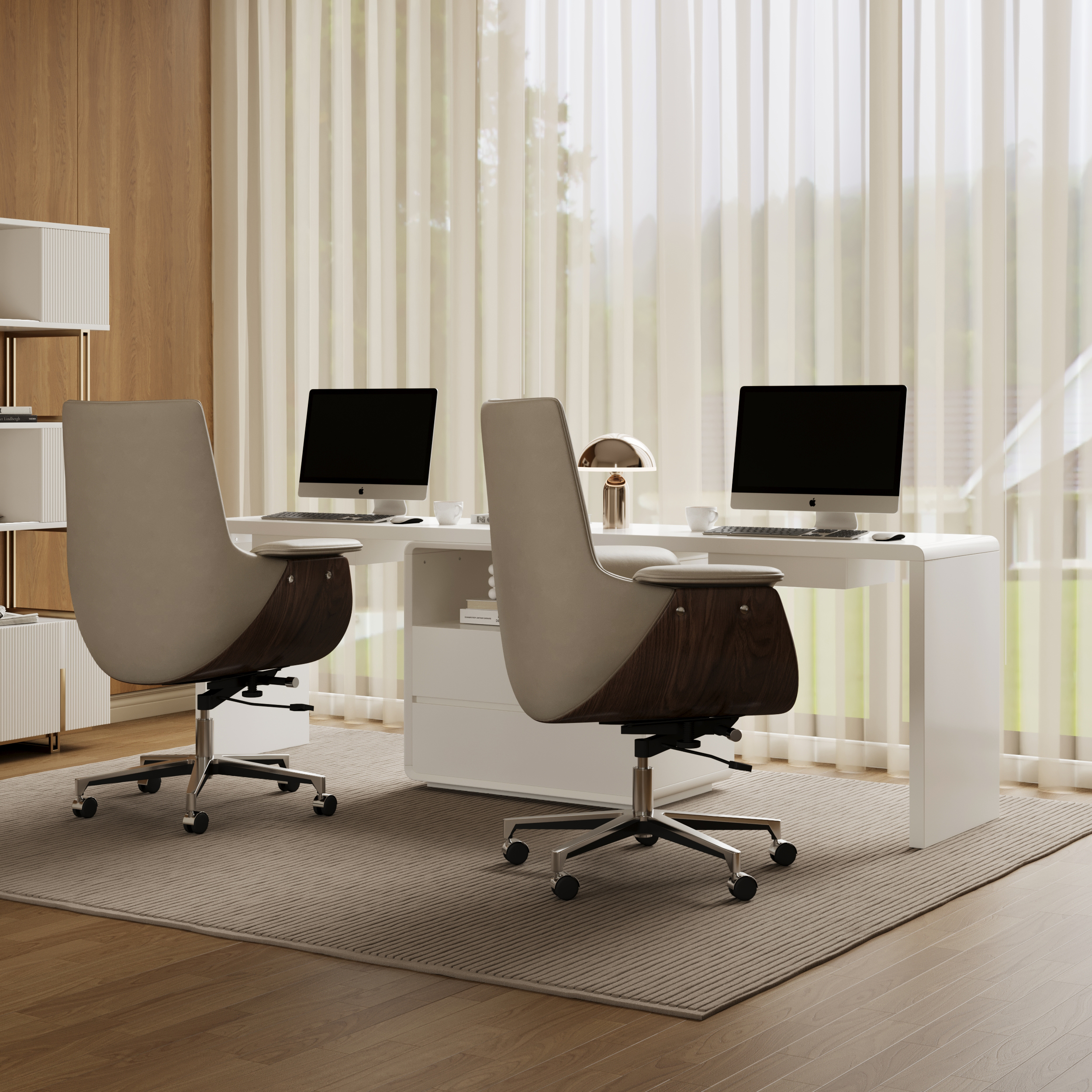 White Double Desk with Drawers & 2 Ivory PU Leather Modern Home Office Chairs