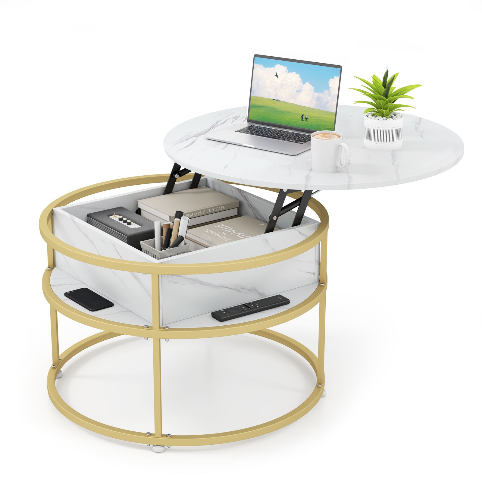 Costway Lift Top Coffee Table 80cm Round Center Table with Side Shelves in White