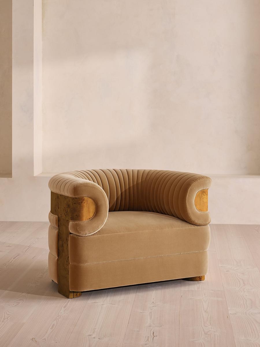 Caleb Armchair, Dark Burl, Velvet, Camel