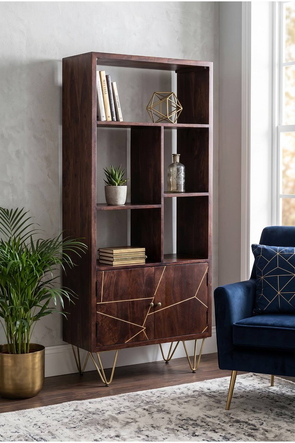 IH Design Silchester Dark Mango Multi Shelf Bookcase with Doors in Brown