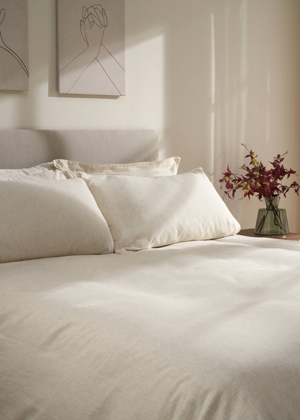 Truly Mushroom Stripe Linen Cotton Oxford Pillowcases in Light Brown