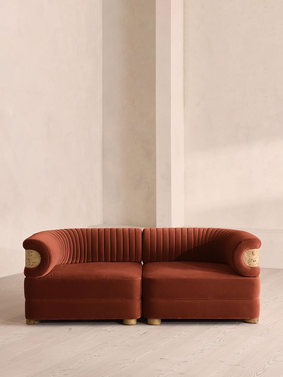 Caleb Modular Three Seater Sofa, Velvet, Rust, Blonde Burl