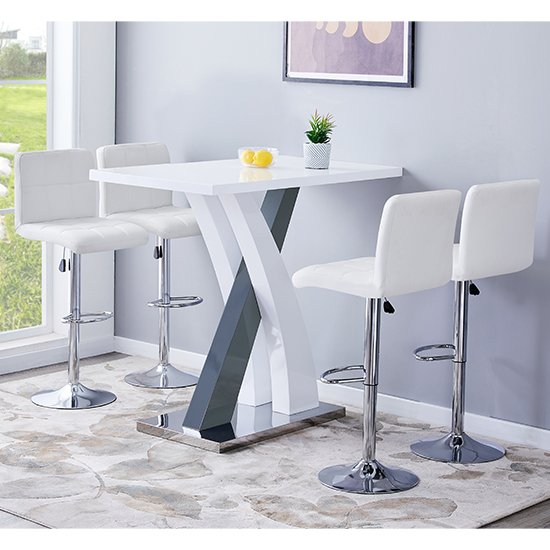 Axara Gloss Bar Table In White Grey With 4 Coco White Stools