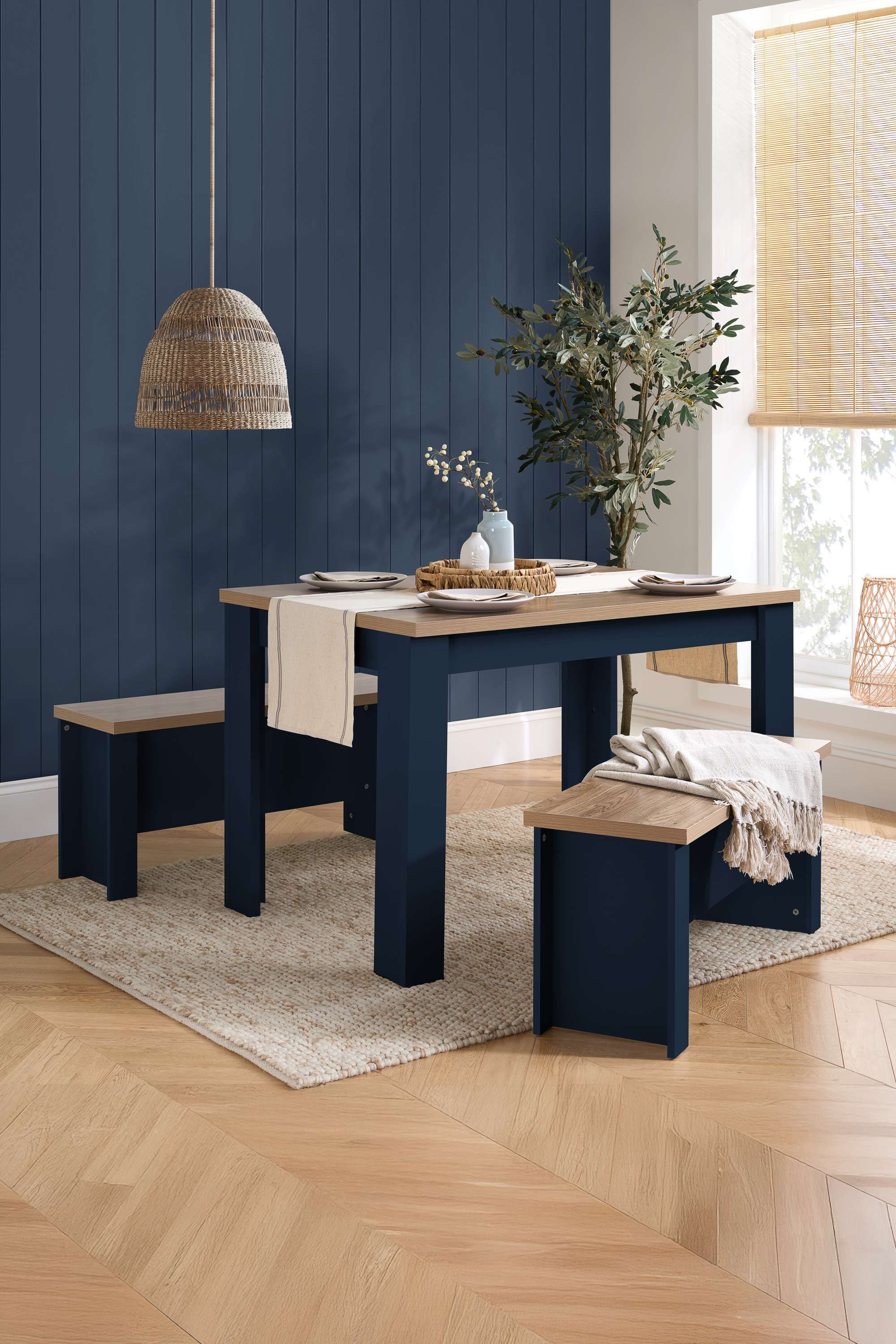 Birlea Dining Table & Bench Set Highgate 2 Kitchen Traditional in Dark Navy