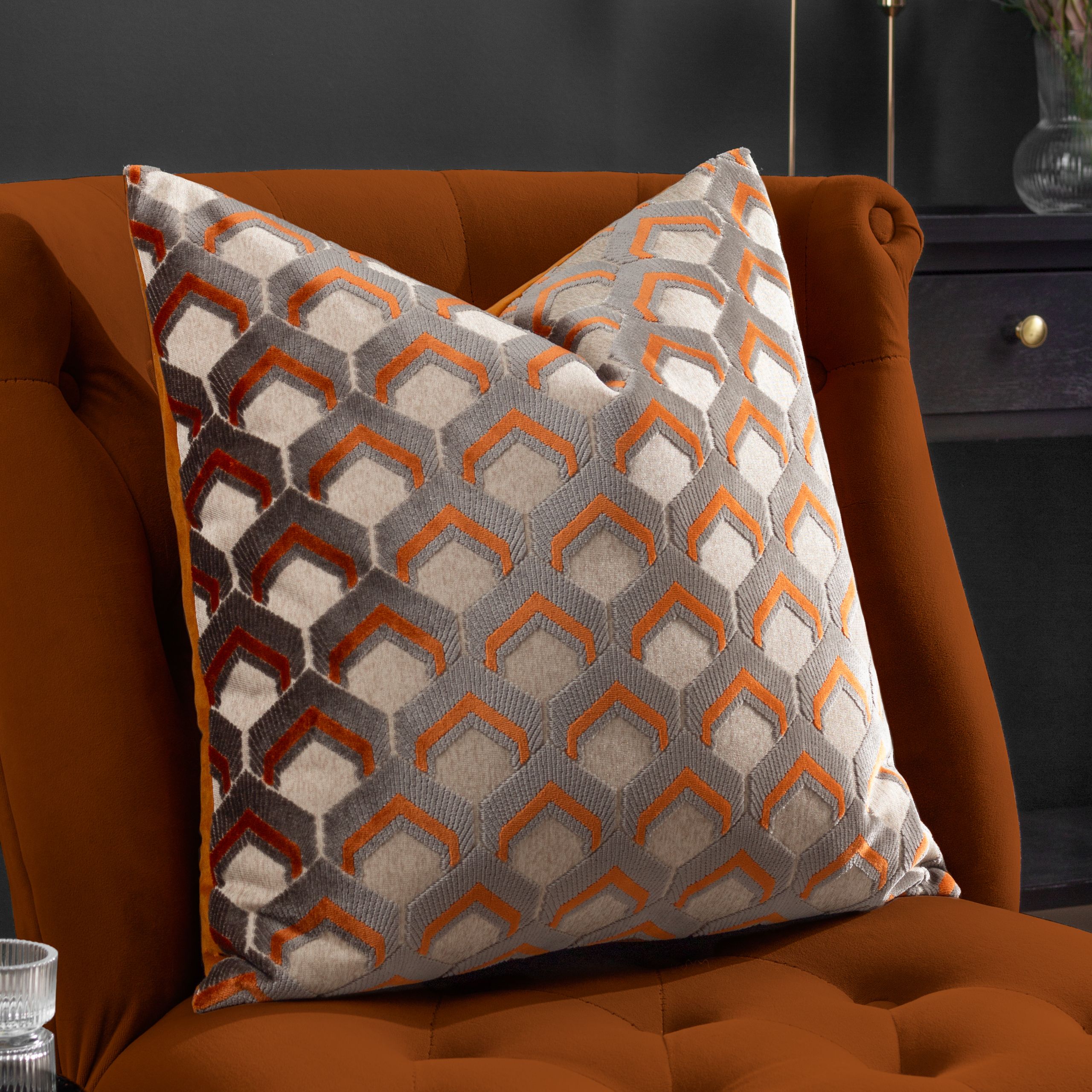 Paoletti Ledbury Geometric Velvet Cushion in Pale Orange