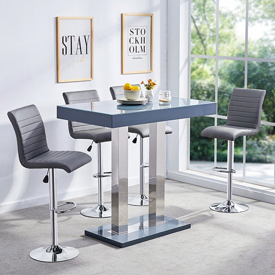 Caprice Glass Bar Table In Grey Gloss With 4 Ripple Stools