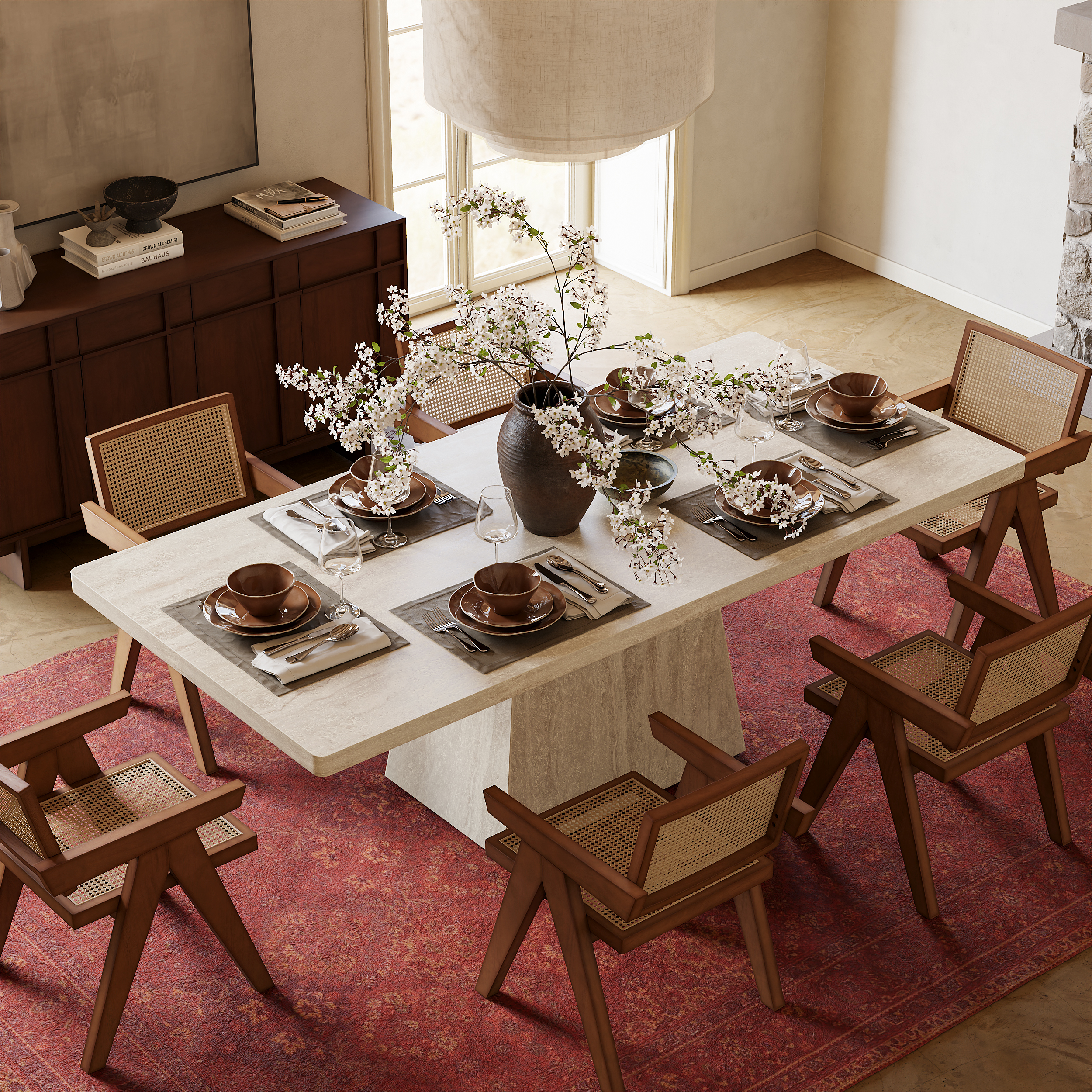 Dining Set 2000mm Faux Travertine Dining Table with 6 Chairs
