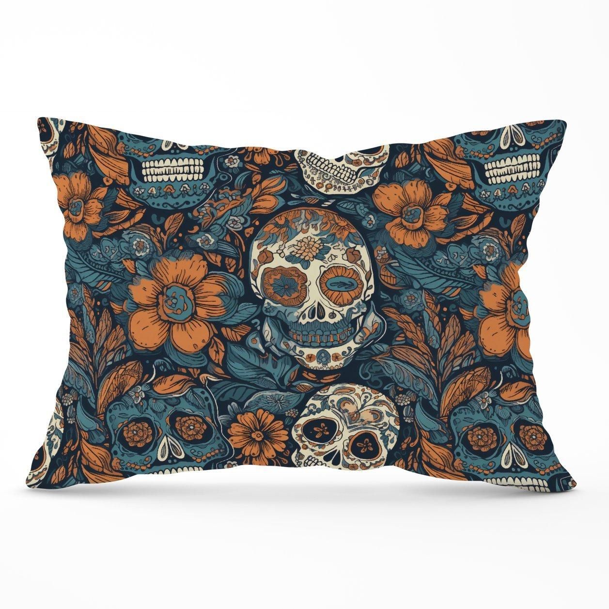Warren Reed - Designer Dia De Los Muertos Skulls Pattern Cushions in Blue