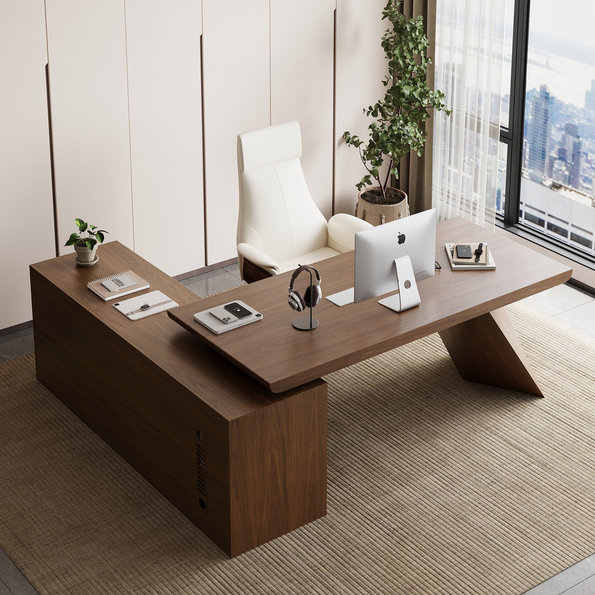 Modern Walnut L-Shape Executive Desk Drawers & Cabinet Home Office Desk Right Hand (180 cm)