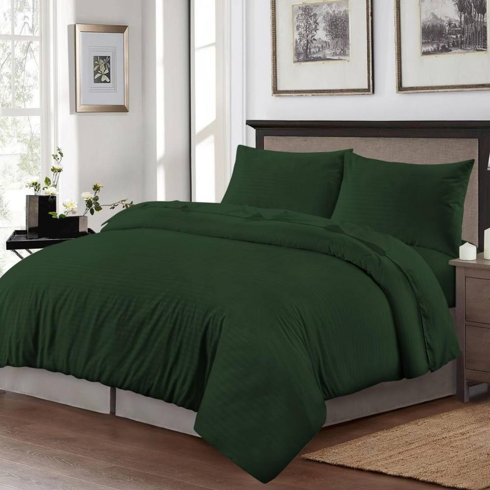 Homes-Linen Luxury Brushed Microfiber Stripe Duvet Cover Set with Pillowcases in Green