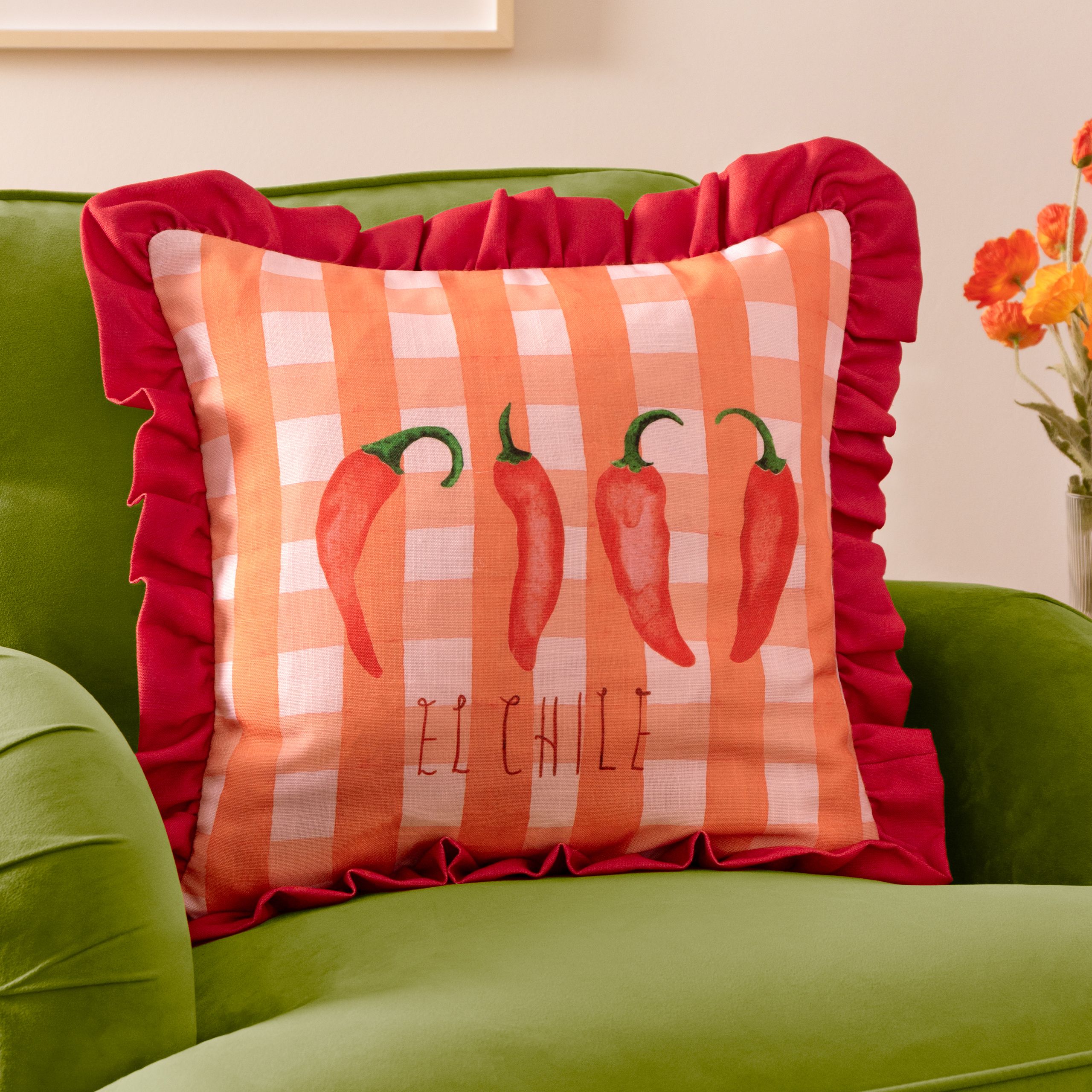 Furn Gingham Chilli Printed Ruffle Cushion in Red