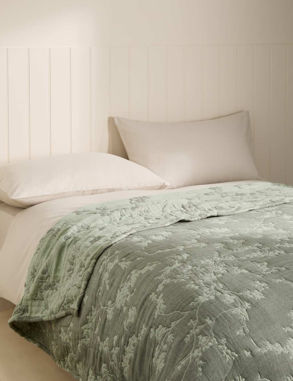 M&S Pure Cotton Floral Jacquard Bedspread Green