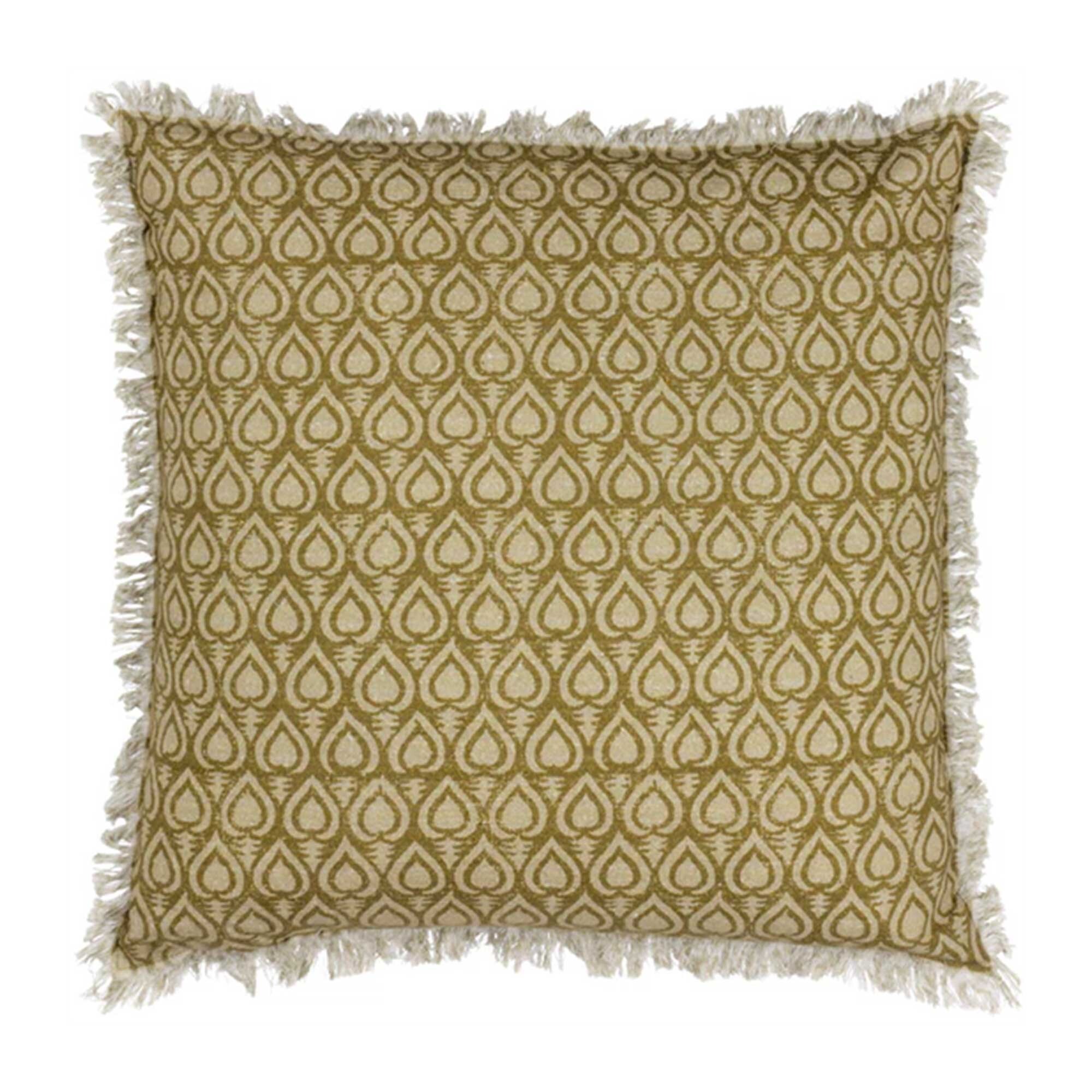 Olive Fringed Deco Cushion, Square, Green Cotton | Barker & Stonehouse
