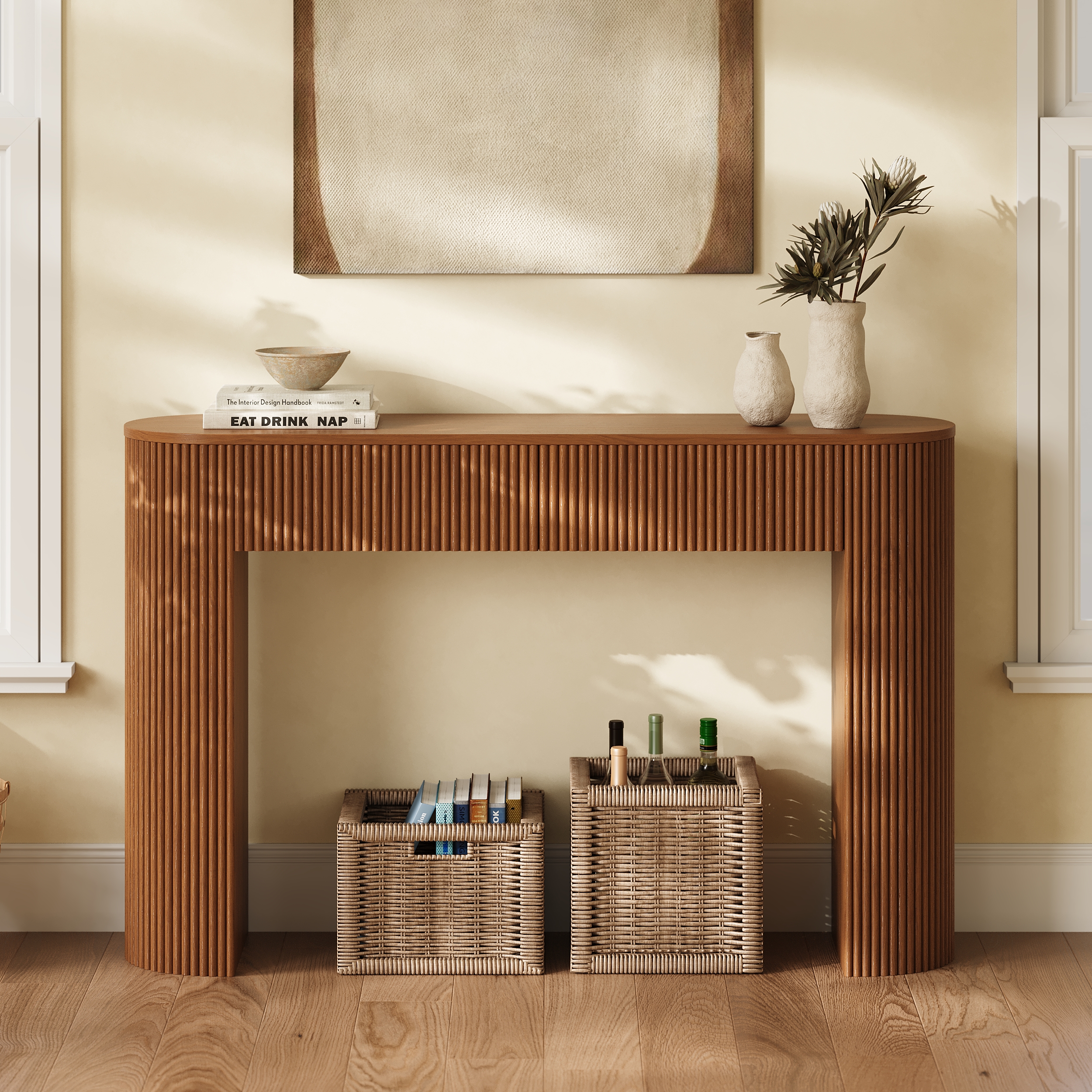 Oval Walnut Console Table with Waved Wood Top