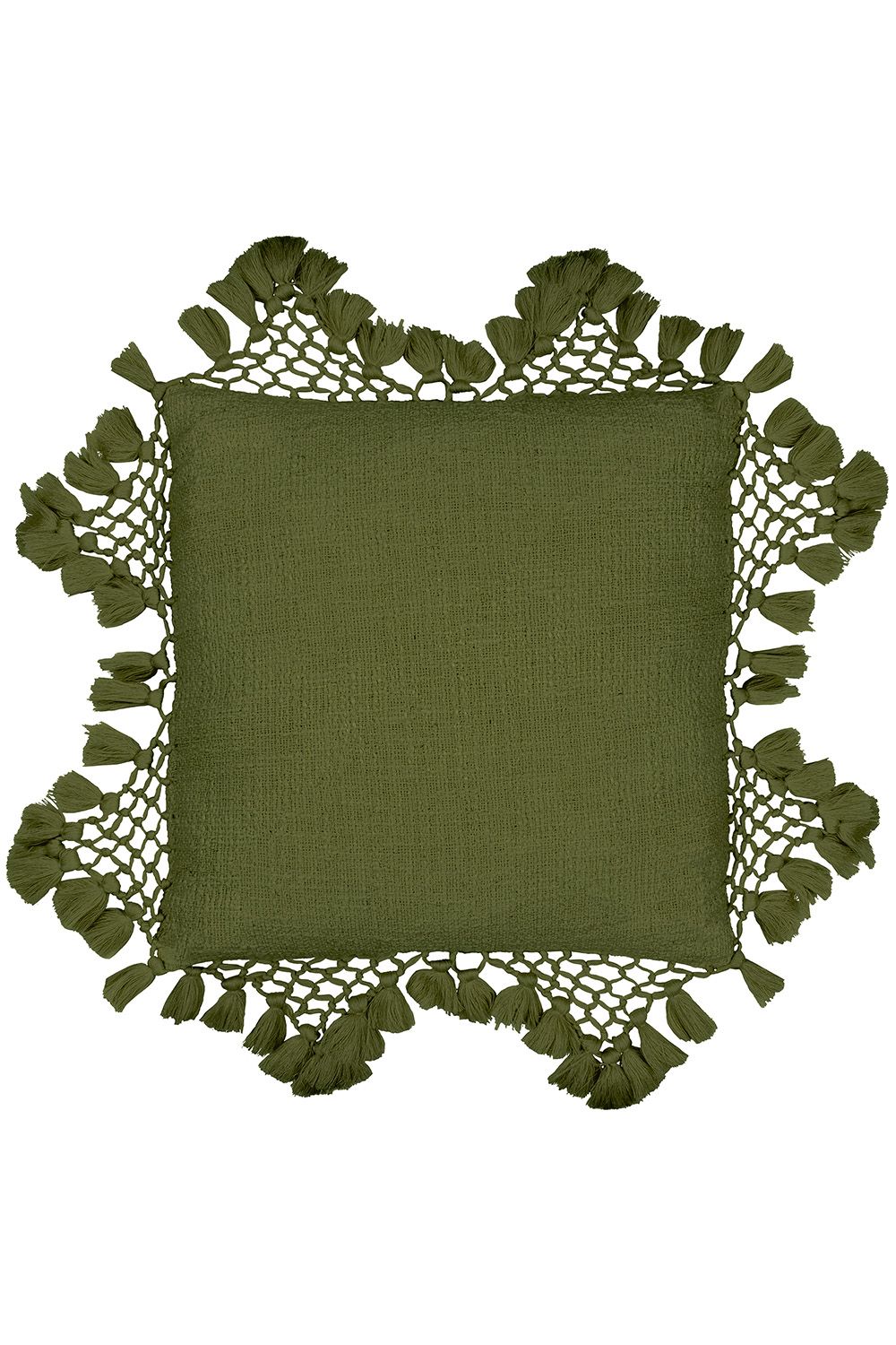Yard Anko Slub Cotton Macrame Tassel Trimmed Cushion in Khaki