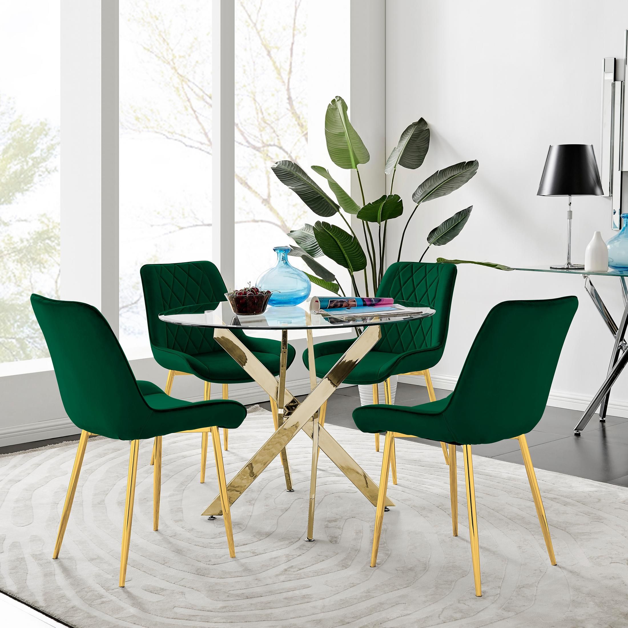 FurnitureboxUK Novara 100cm Round Tempered Glass Dining Table with Gold Legs & 4 Pesaro Velvet Chairs in Green