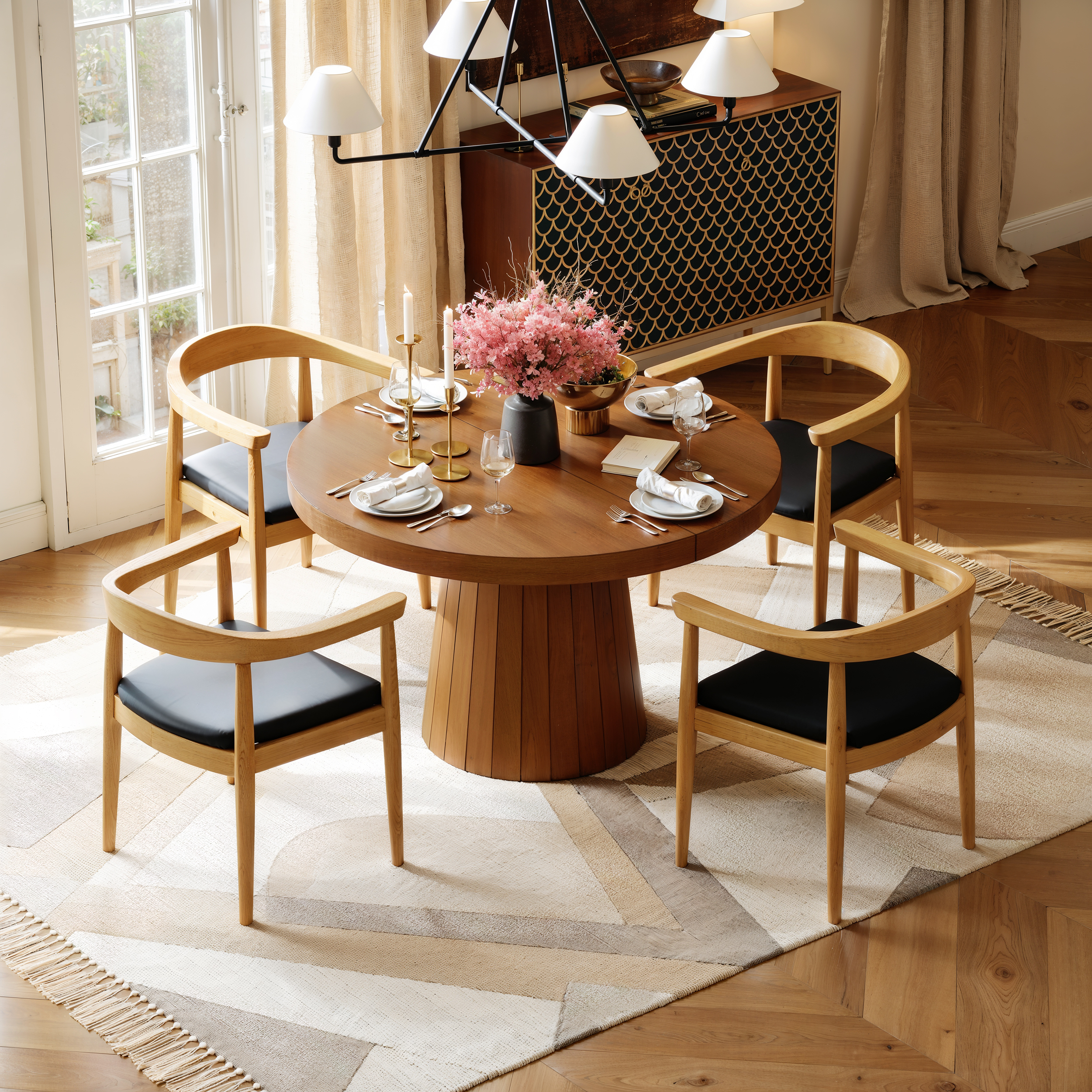 Extendable Dining Table Set 39"-55" Japandi Dining Table & 4 Wood Dining Chairs