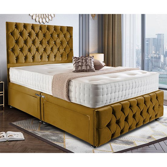 Natchez Plush Velvet Divan Small Double Bed In Mustard