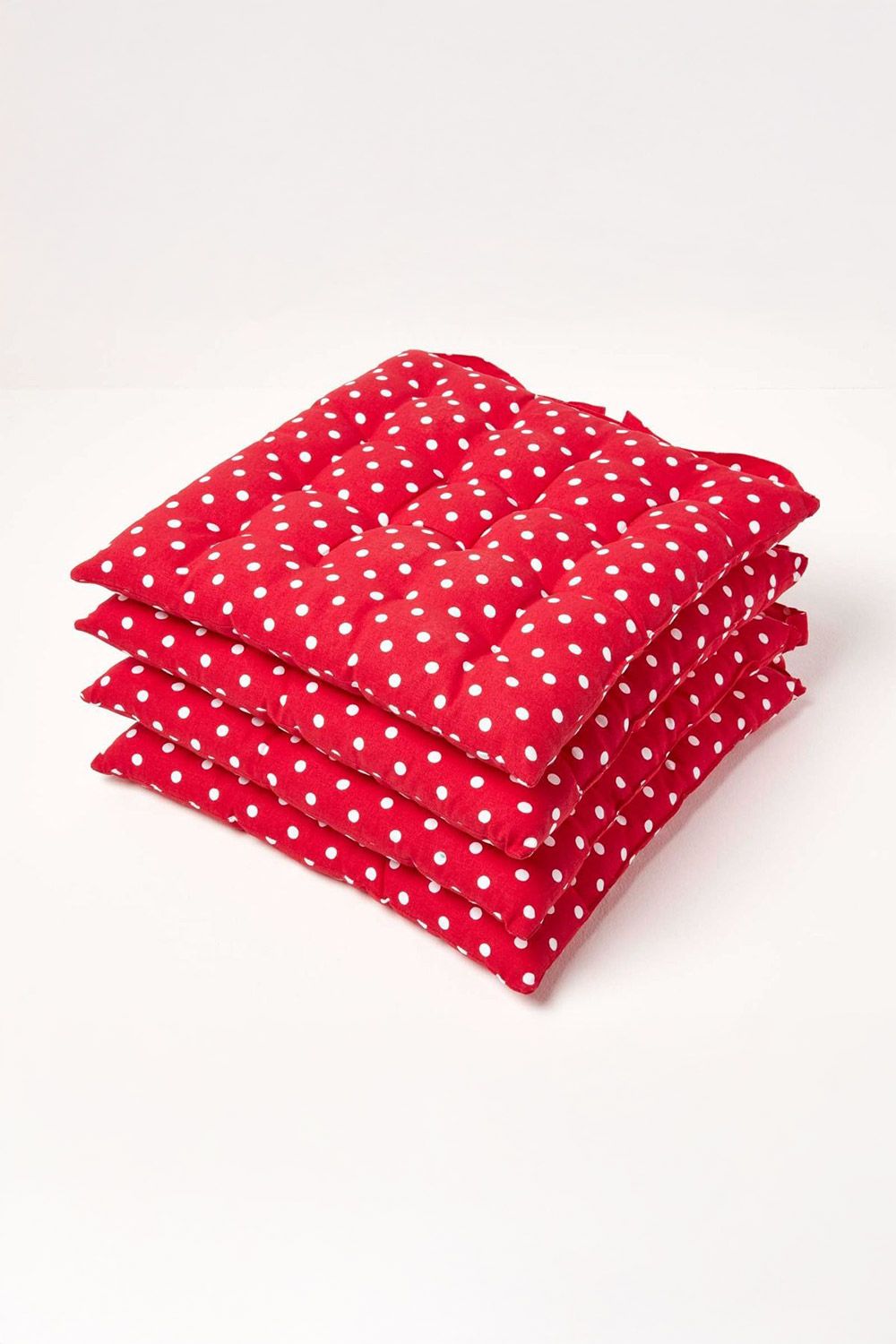 Homescapes 4 Pack Seat Pads Cotton Red Polka Dot Indoor Outdoor Garden Cushion, 40cm