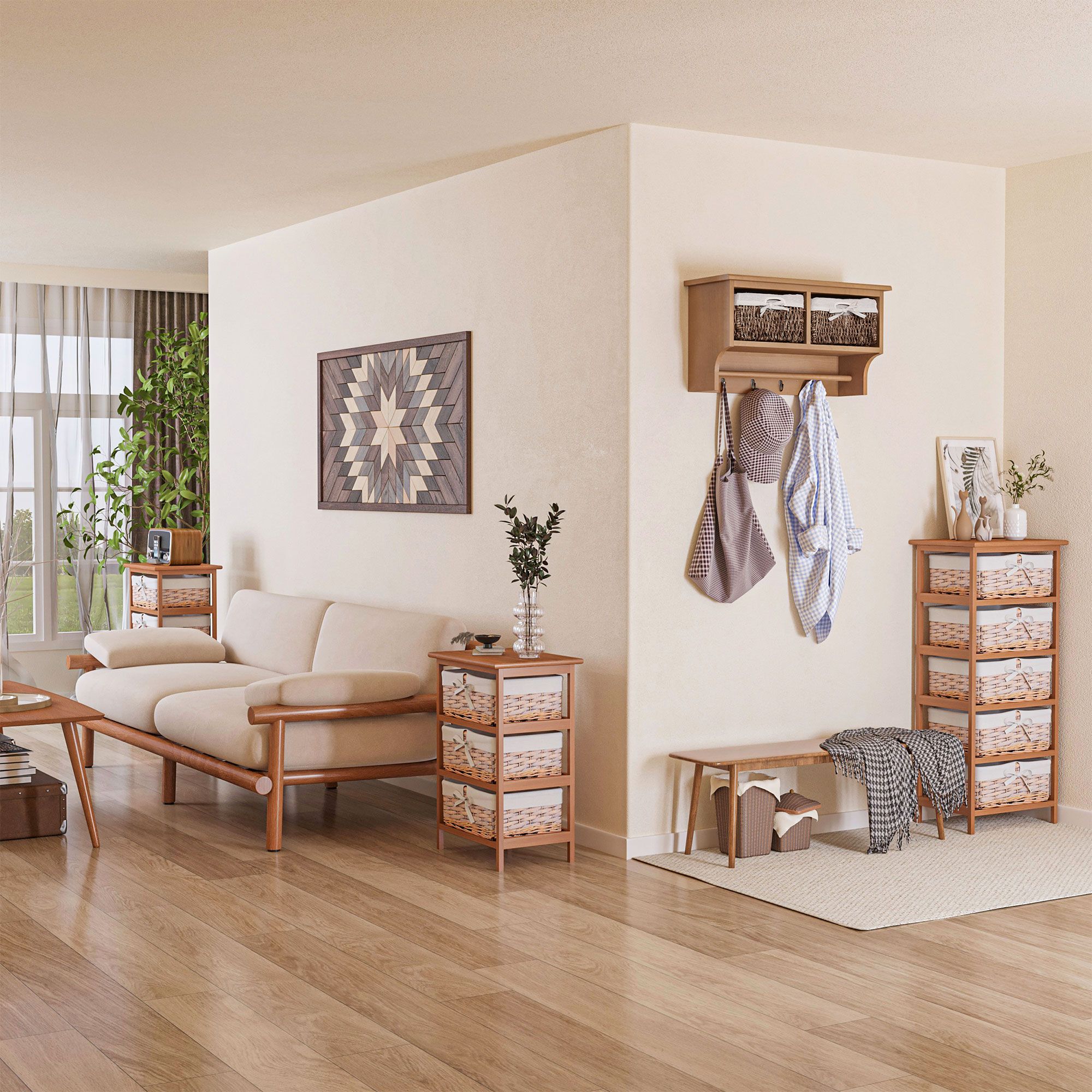 HOMCOM 5 Drawer Dresser Wicker Storage Shelf Unit Wooden Home Organization in Natural