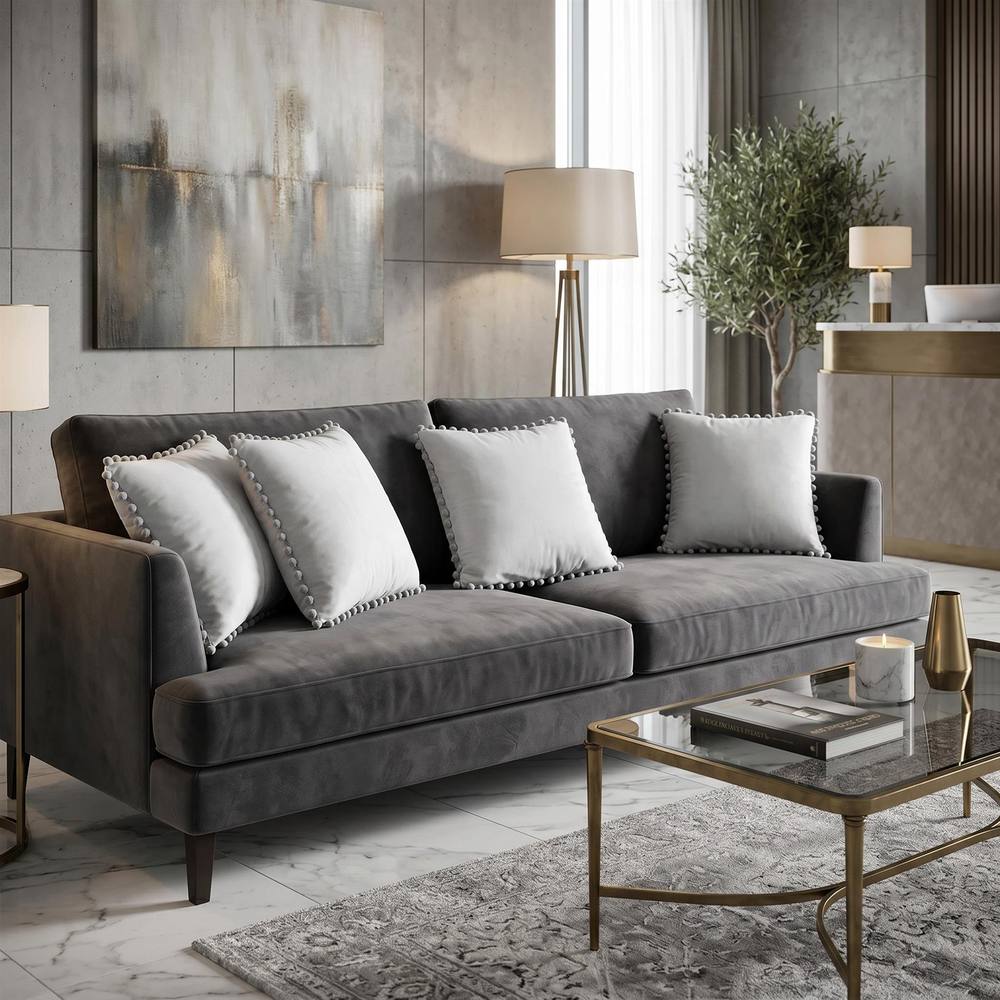 Luxury Living Set of 4 Velvet Cushions with Pom Trim with pads in Silver