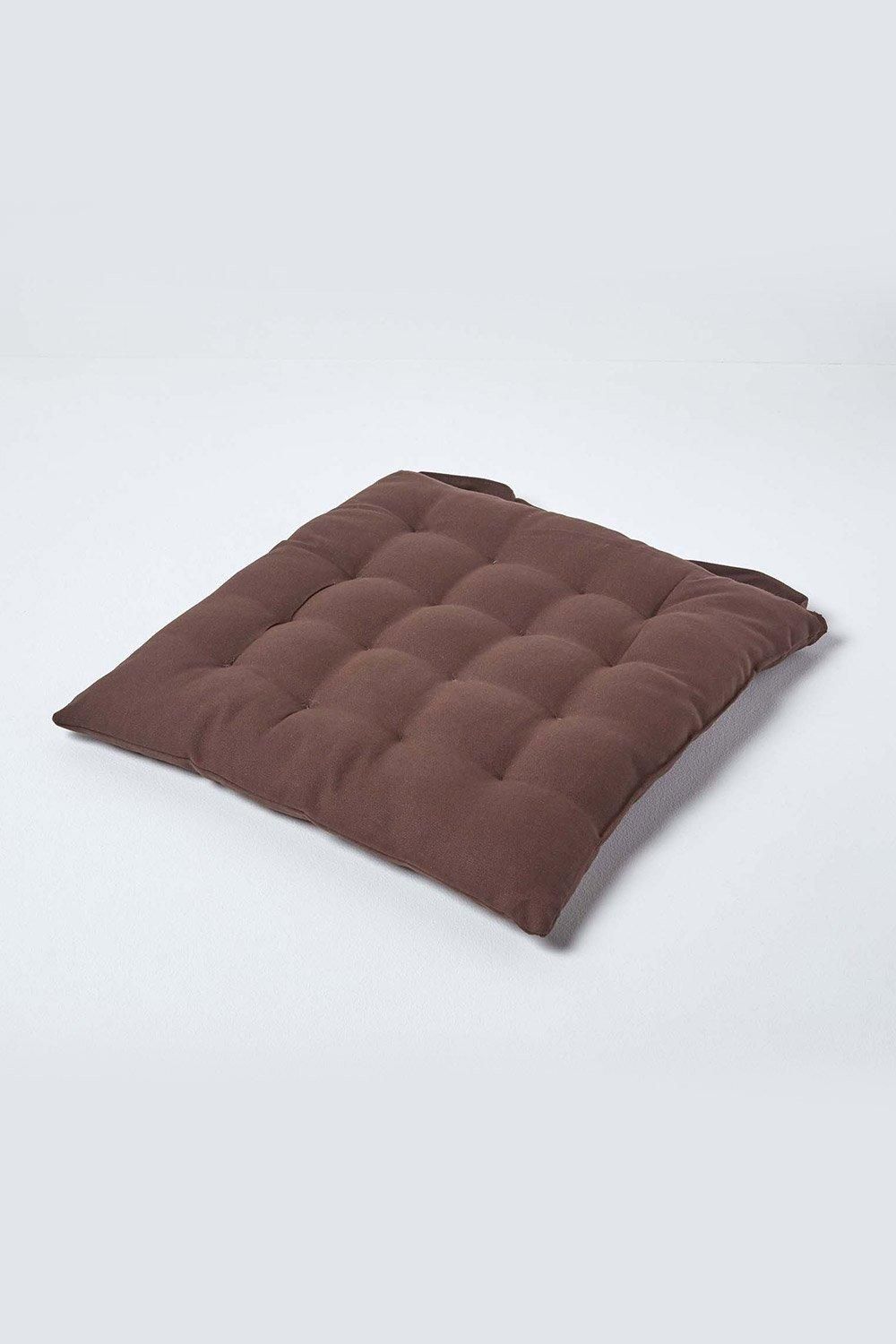 Homescapes Seat Pad Luxury 100% Cotton Indoor Outdoor Garden Cushion, Button Tie, 40cm in Brown