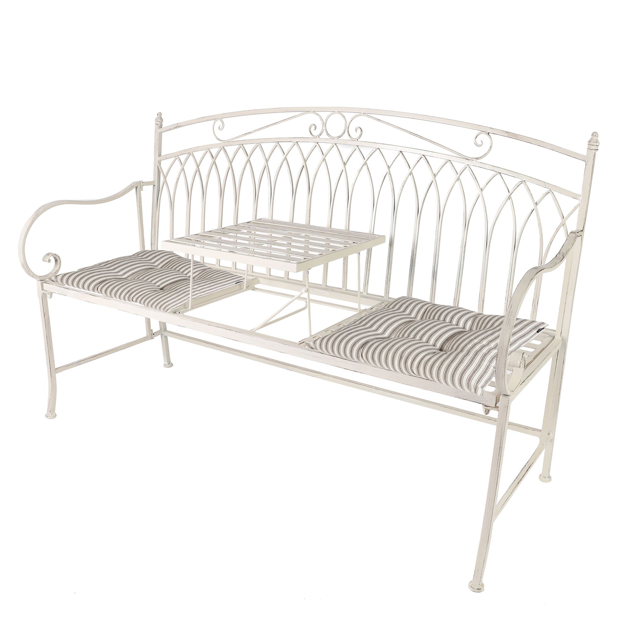 Dibor Vintage Large Cream Arched Outdoor Garden Furniture Companion Seat Garden Bench with Free Set of 2 Grey Seat Pad Cushions