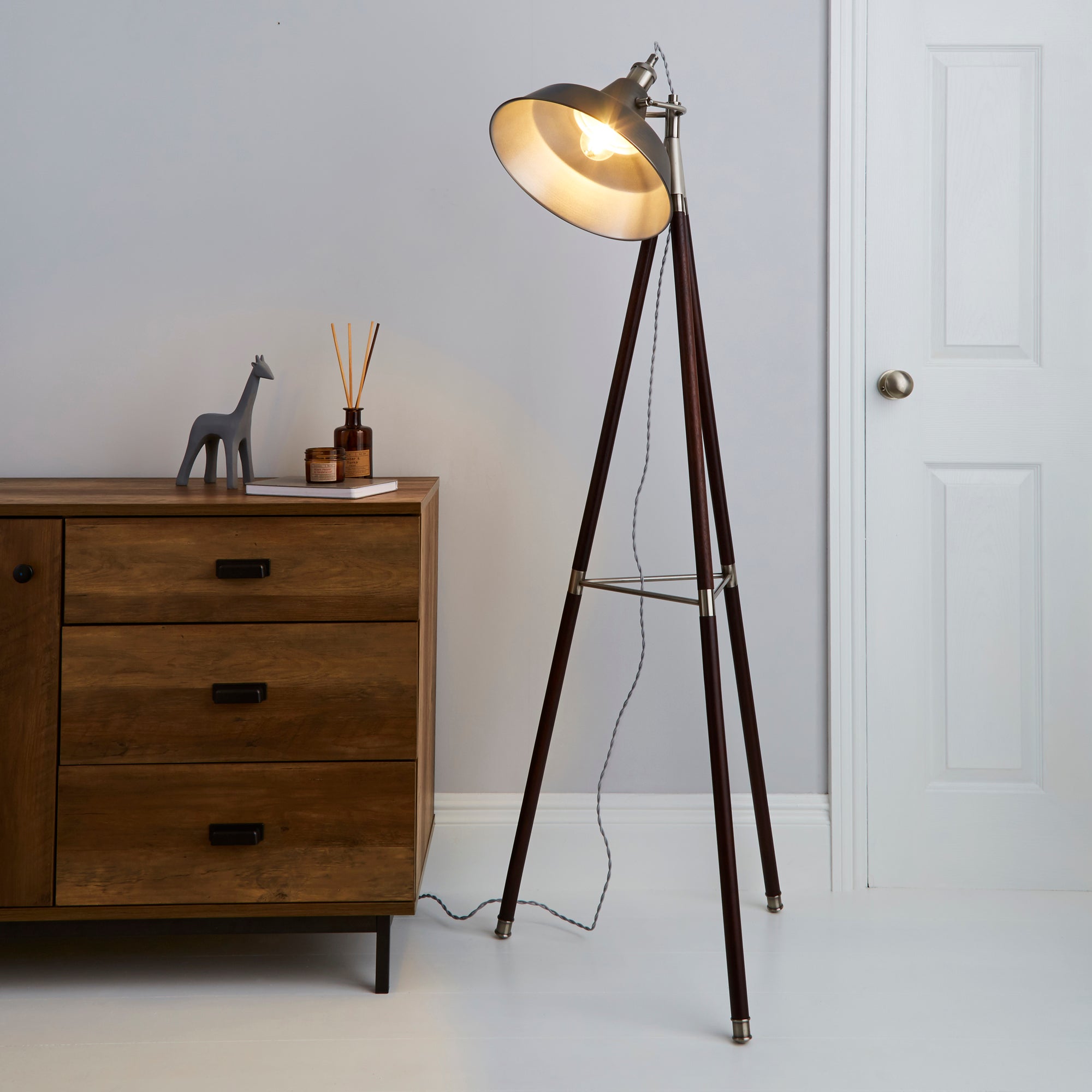 Lucas Tripod Dark Wood Industrial Floor Lamp Grey