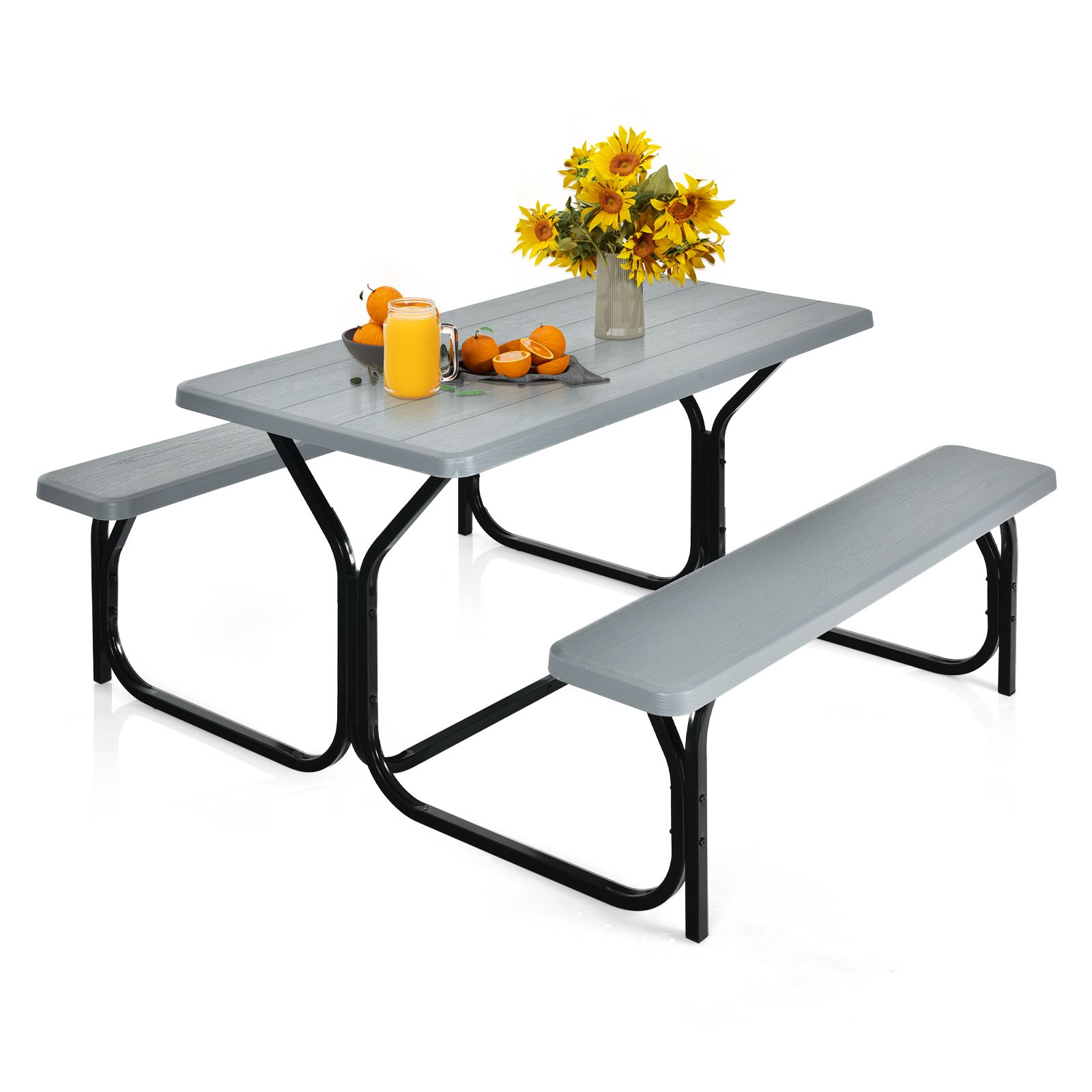 Costway Outdoor Picnic Table Bench Set Garden Dining Table & Bench Sets in Grey